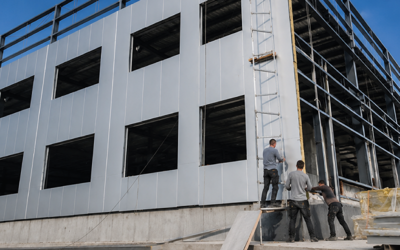 Faclade team installing sandwich panels on industrial building