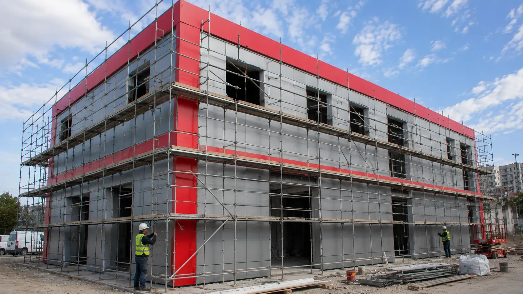 Composite cladding installation on industrial building, Faclade project