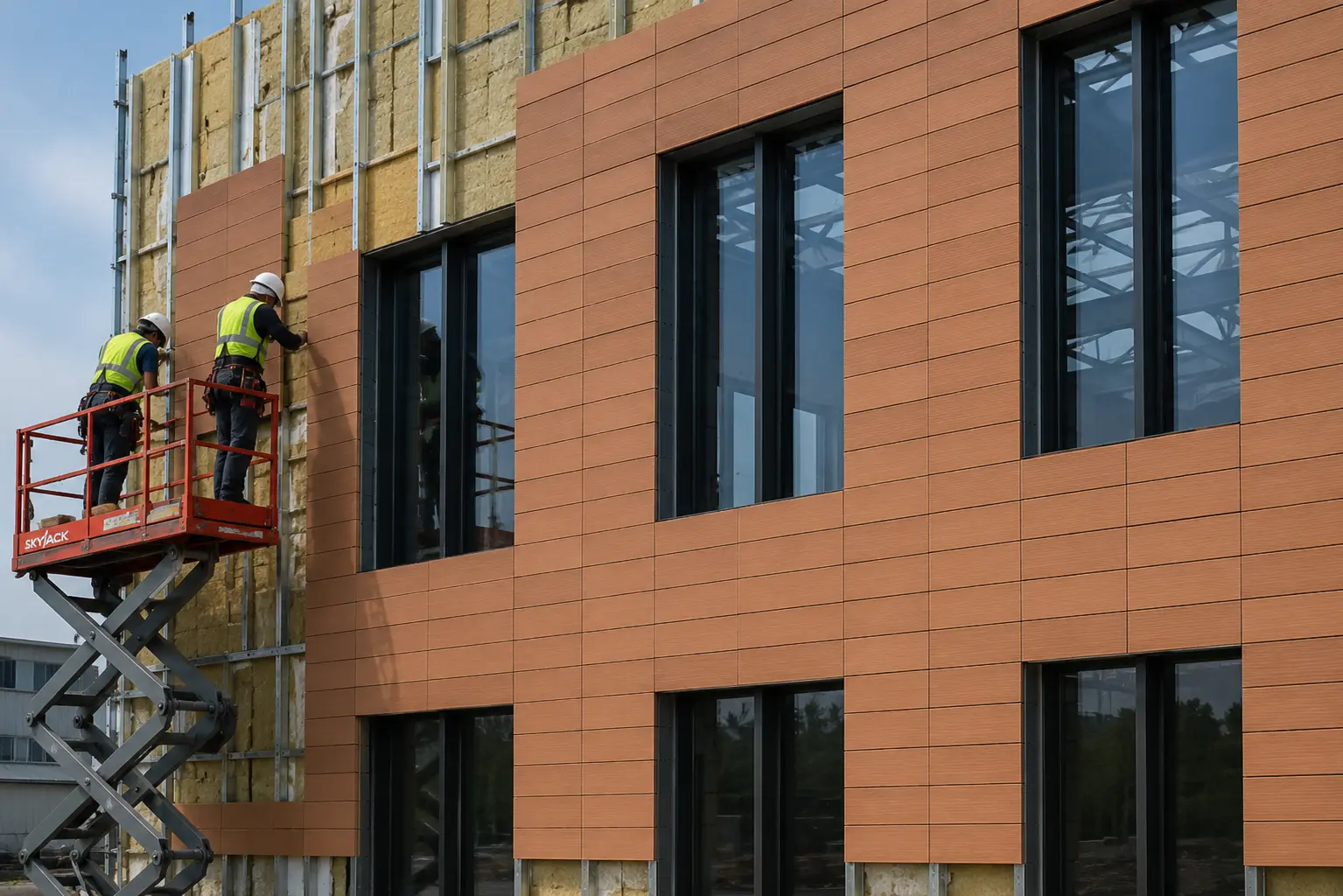 Terracotta rainscreen cladding installation on ventilated facade, Faclade project