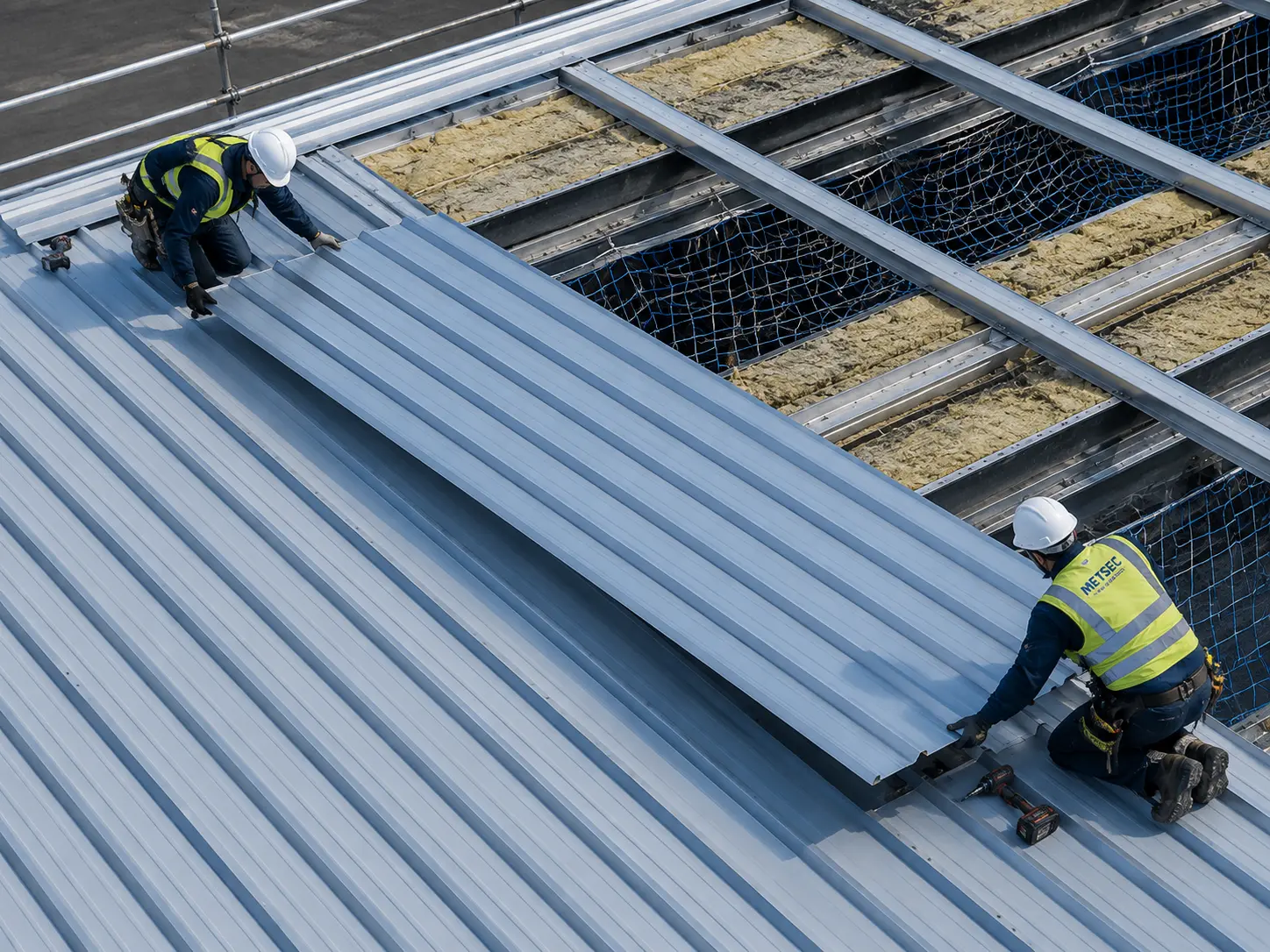 Box profile roof cladding installation with safety netting and insulation, Faclade project
